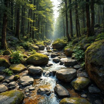 The primary subject of the image is a small stream flowing through a forest. The stream is surrounded by rocks, creating a natural and serene environment. The setting is a forest with trees and rocks, providing a sense of tranquility and connection to nature. The visual style of the image is a photo, capturing the beauty of the stream and its surroundings. The colors and mood of the image are predominantly green and calm, reflecting the peaceful atmosphere of the forest.